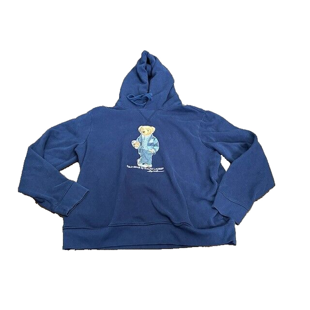 Polo Ralph Lauren Polo Bear Football Fleece Hoodie Long Sleeves Pullover Blue XL